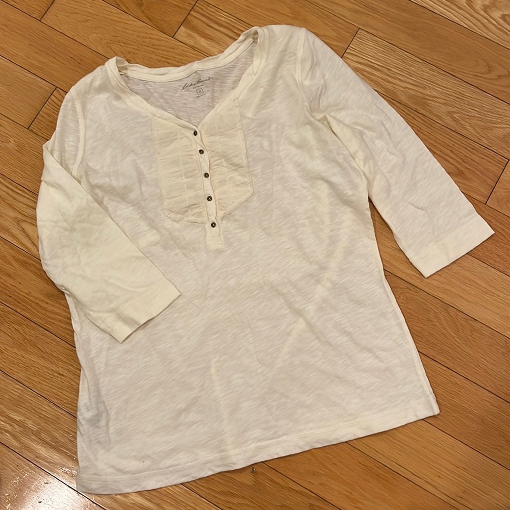 Eddie Bauer Cream Textured & Buttoned Neckline 1/4 Sleeve Cotton Top Size XL
